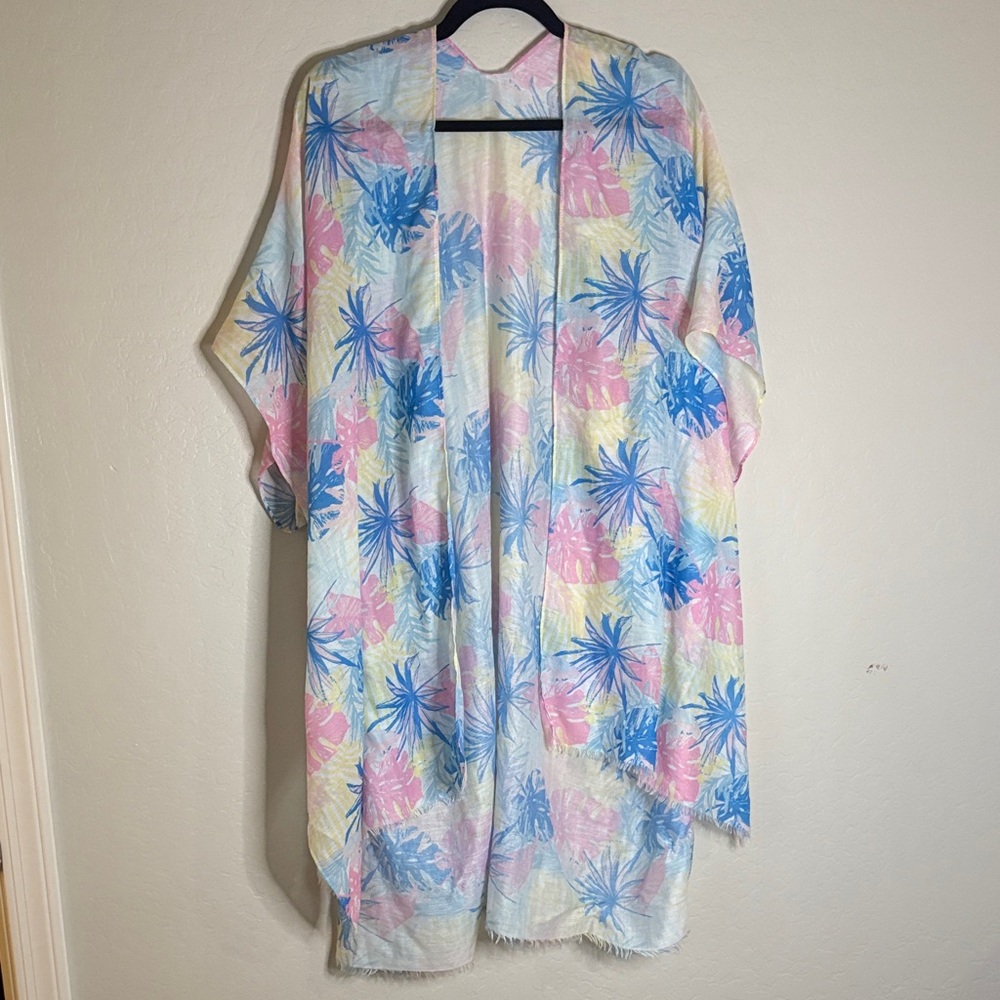 Floral Kimono with Blue Yellow and Pink Palm Leaves